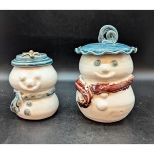Set/2 Vintage Studio Art Pottery Snowman Jars Lid Christmas Winter Decor Signed